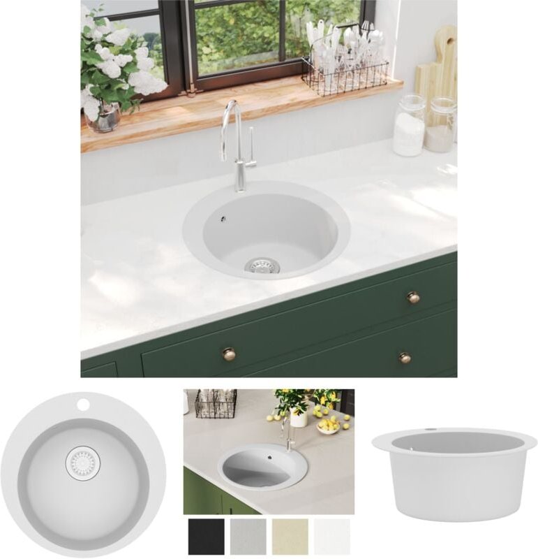 The Living Store - Granitspüle Einzelbecken Rund Weiß - Küchenspülen & Spülbecken - Weiß