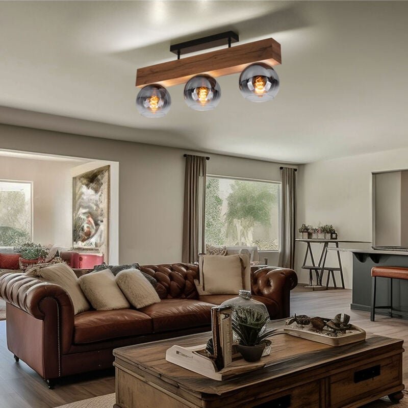 Deckenleuchte Schlafzimmerlampe Deckenstrahler Holzoptik 3-flammig Deckenlampe, Glas rauch, Metall mdf, 3x E27 Fassung, ...