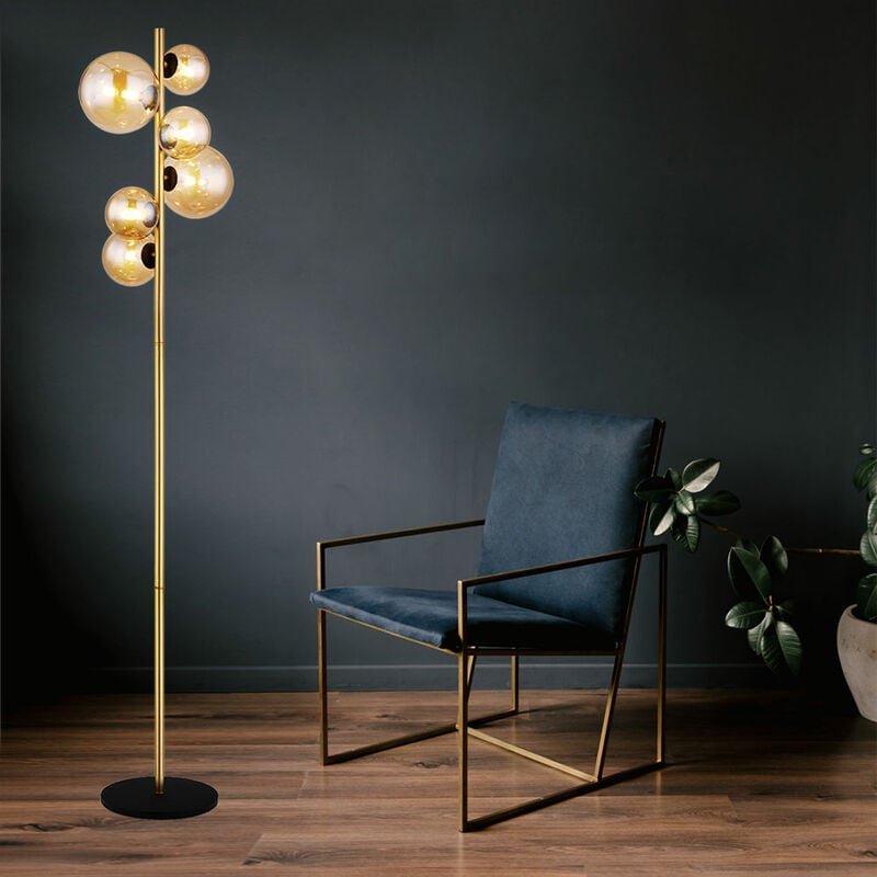 Stehlampe Wohnzimmer messing Industrial Stehleuchte Kugel amber led Leselampe Stehlampe, Metall Glas, 6x led 3,5W 350Lm ...