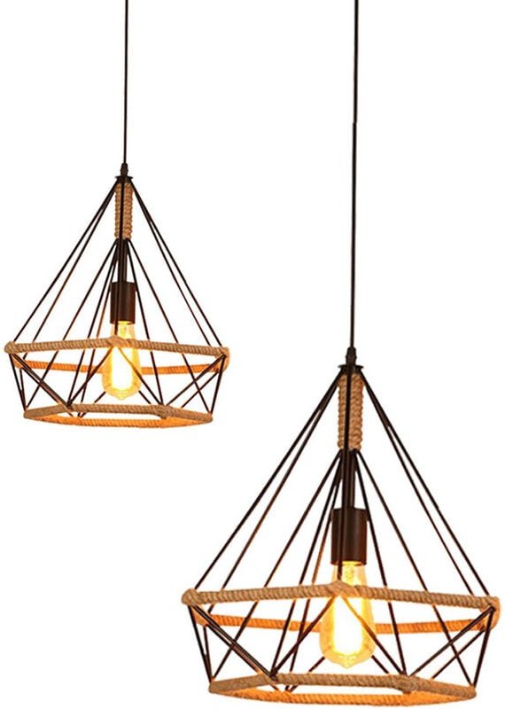 Pendelleuchte Hanf Seil Hängelampe mit Käfig Ø25cm Diamant Form Lampen im Industri Stil für für Wohnzimmer Esszimmer Sch...