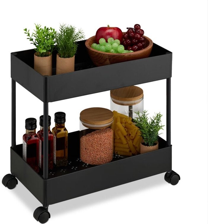 Rollwagen, 2 Etagen, Servierwagen, Küchenwagen, Bad & Büro, Rollregal, HxBxT: 38 x 39,5 x 21,5 cm, schwarz - Relaxdays