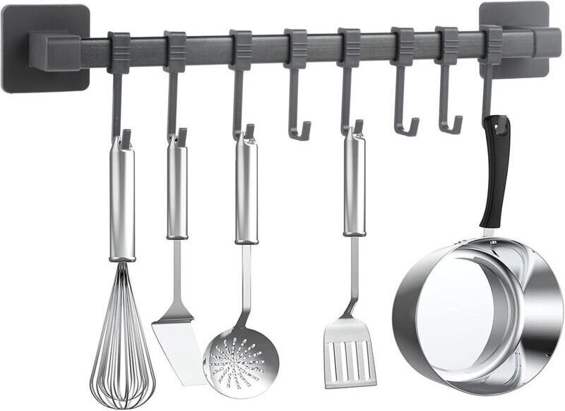 Küchenhaken ohne Bohren, selbstklebend, schwarz, mobiler Küchenutensilienhalter, Küchenutensilien, Messerhalter, 8 Haken