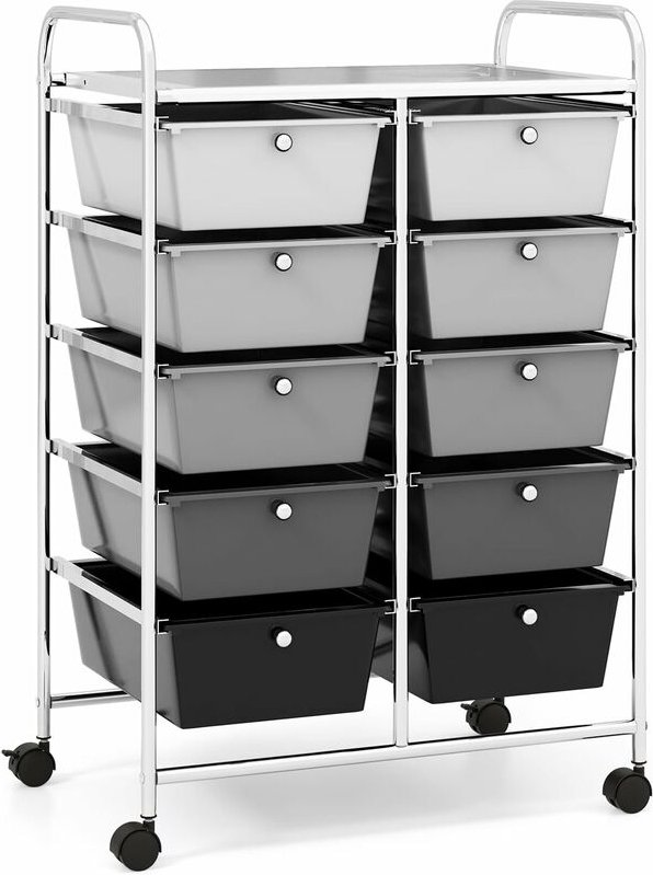 COSTWAY Rollwagen mit 10 stapelbaren Schubladen, Schubladenwagen Rollcontainer mit Metallgestell und Ablagefläche, Badro...