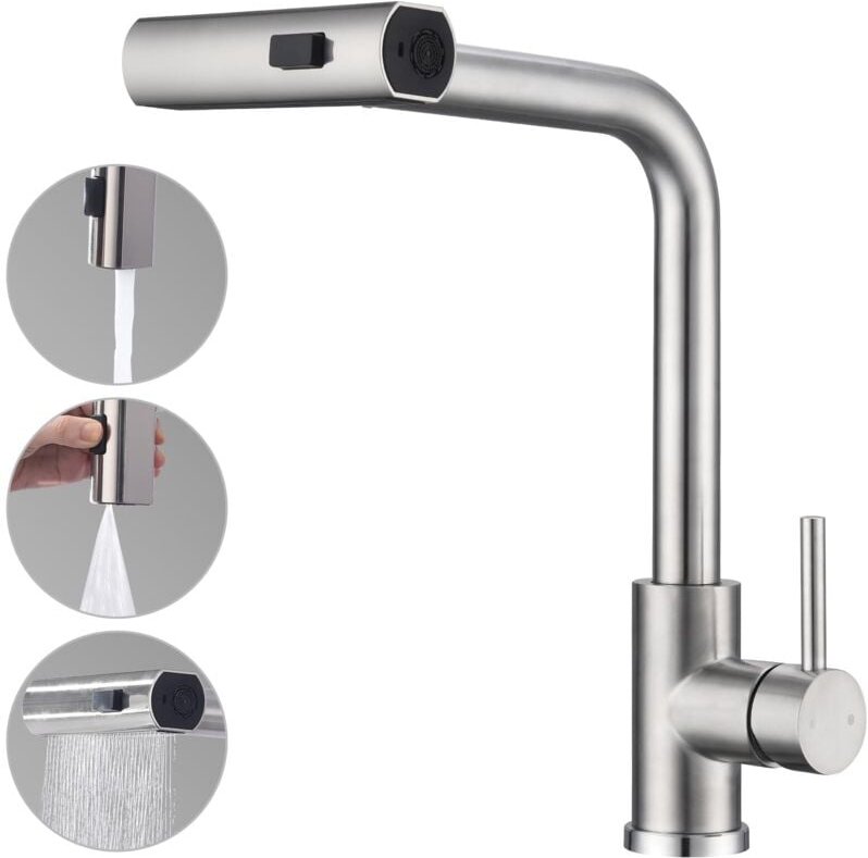 Thumbnail - Ausziehbare Küchenarmatur mit 3 Strahlarten, Spültischarmatur mit Brause, 360° schwenkbare Küchenarmatur, Küchenmischbat...