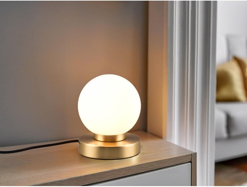 Meinewunschleuchte - led Tischleuchte Kugel Glasschirm Weiß Sockel Messing - Touch dimmbar, Höhe 15cm