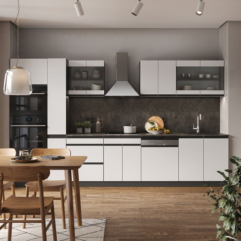 Vicco - Küchenzeile R-Line, Weiß/Anthrazit, 350 cm J-Shape, mit Hochschrank, ohne Arbeitsplatte