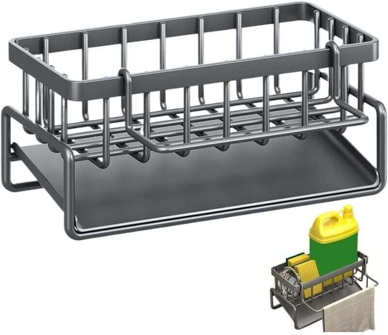Küchenspülen-Organizer aus Edelstahl, Schwammhalter, Aufbewahrung für Küchenschwämme, Küchenzubehör mit Abtropfschale un...