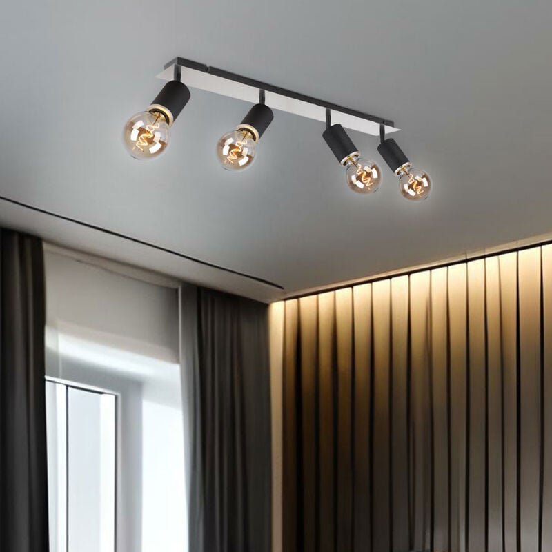 Deckenleuchte vier Strahler Deckenstrahler schwenkbar Spotleiste schwarz, Metall Holz, 4x E27 Fassungen, LxBxH 80x10x18 ...