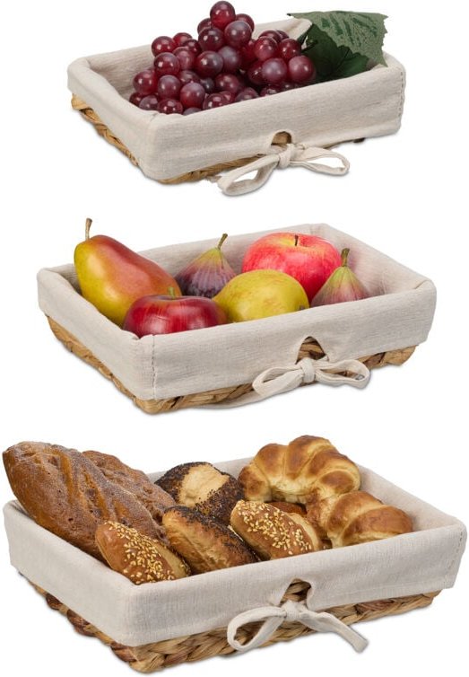 Relaxdays - Brotkorb, 3er Set, versch. Größen, geflochten, mit Stoffeinsatz, skandinavischer Frühstückskorb, natur/creme