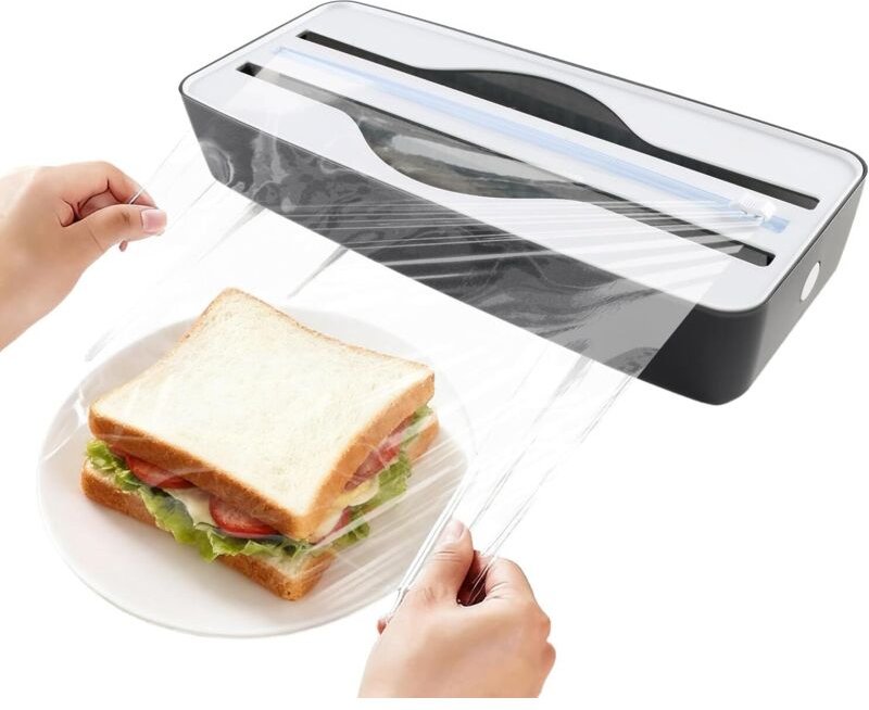 2-in-1 Frischhaltefolienspender mit Magnetverschluss und zwei Fächern, Sicherheitsschneider für Frischhaltefolie und Alu...