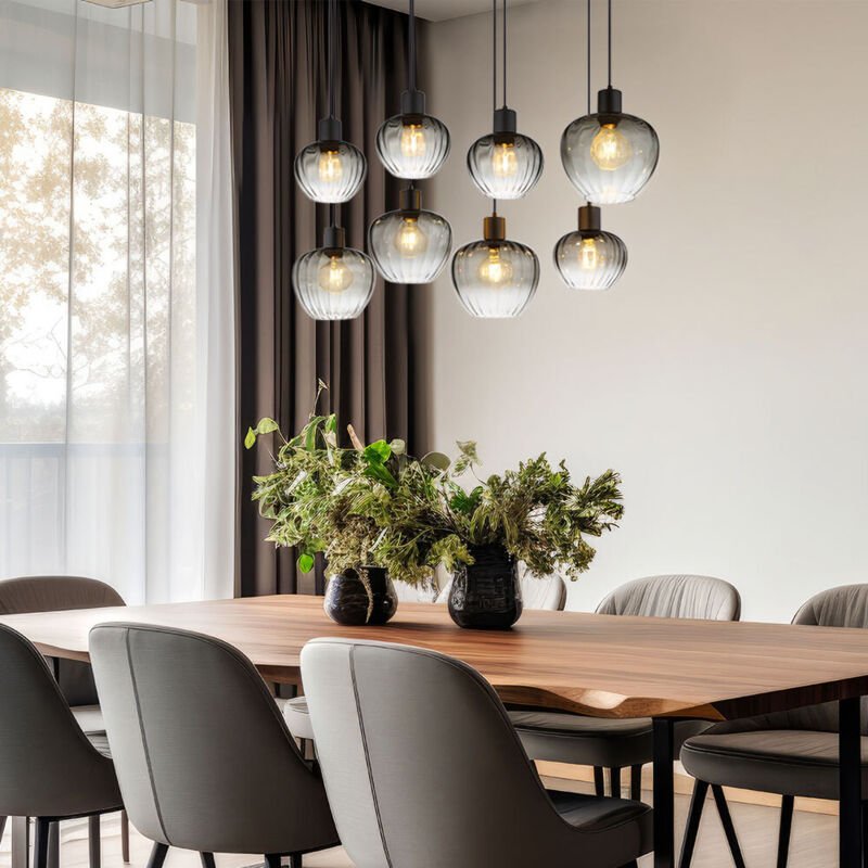 Hängeleuchte Pendelleuchte Wohnzimmerlampe Retro Glas Esstischlampe, schwarz rauchfarben, 8x E27, LxBxH 110x42x120 cm