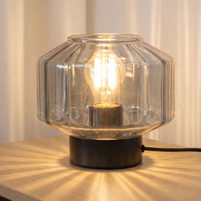 Tischlampe schwarz Schlafzimmerleuchte modern Nachttischlampe, bauchiger Lampenschirm Rauchglas Leselampe, Metall, 1x E2...