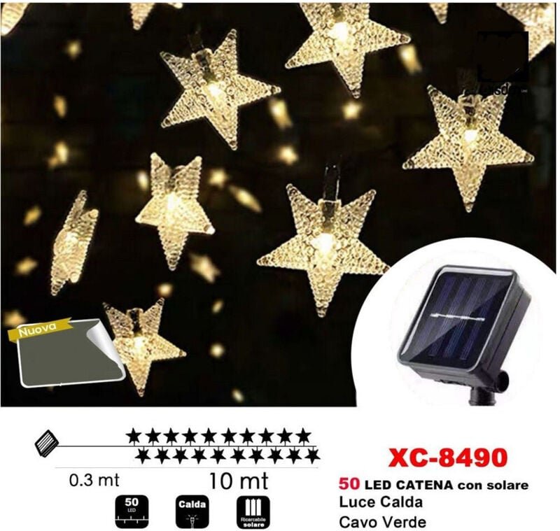 Trade Shop Traesio - Trade Shop - catena luminosa 50 led stelle luminose luce ad energien solare luce calda XC-8490 -