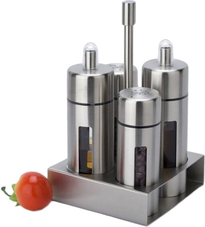 Menage-Set, Essig- und Ölspenderflaschen aus Edelstahl und Acryl, Salz- und Pfefferstreuer, Gewürzhalter, 4-teilig
