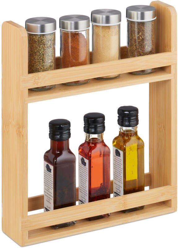 Relaxdays Gewürzregal, Bambus, HxBxT: 30,5 x 25,5 x 6,5 cm, 2 Etagen, Gewürzaufbewahrung stehend, Gewürzständer, natur