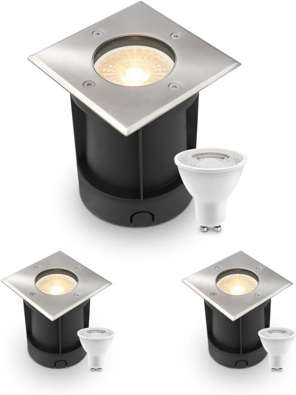 LED Bodeneinbaustrahler eckig Edelstahl 230V IP67 - Leuchtmittel: GU10 4W 2700K - Anzahl: 3x