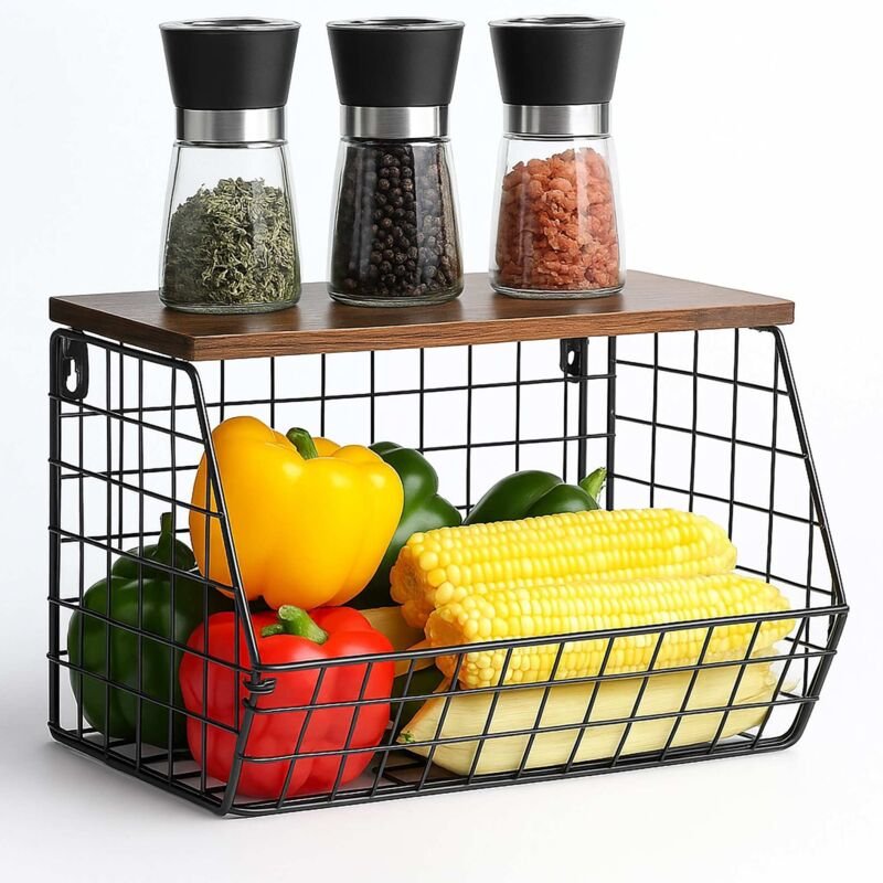 Wandmontiertes Obstregal aus Metall mit Ablagefläche in Holzoptik