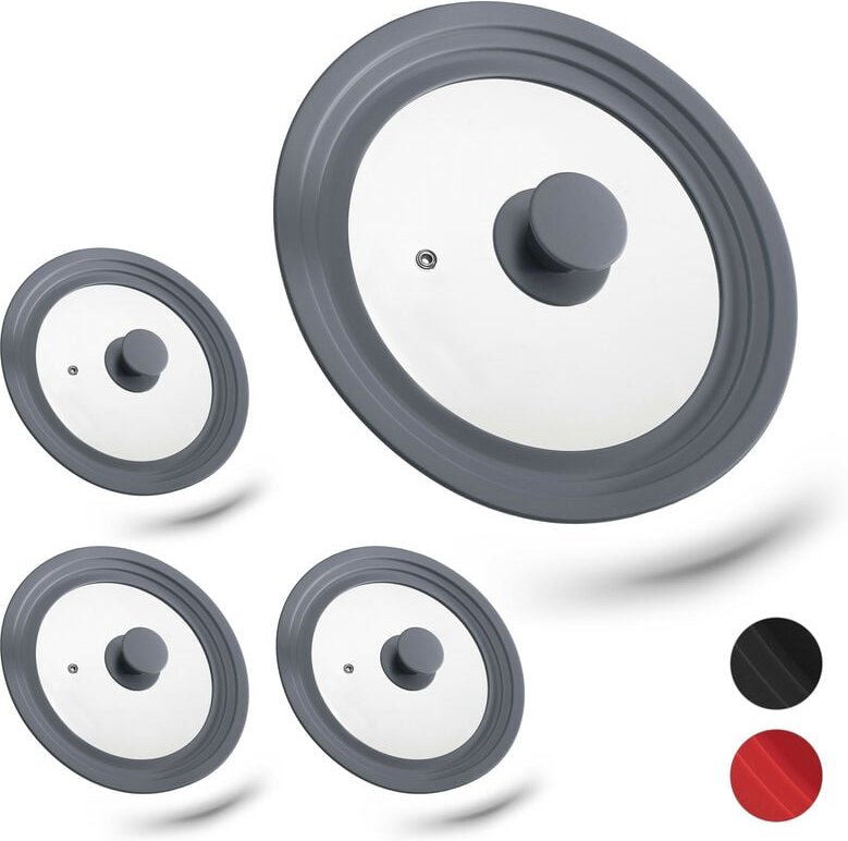 Thumbnail - 4 x Topfdeckel universal, flexibler Glasdeckel mit Silikonrand & Dampfloch, Töpfe & Pfannen mit Ø 20-24cm, grau