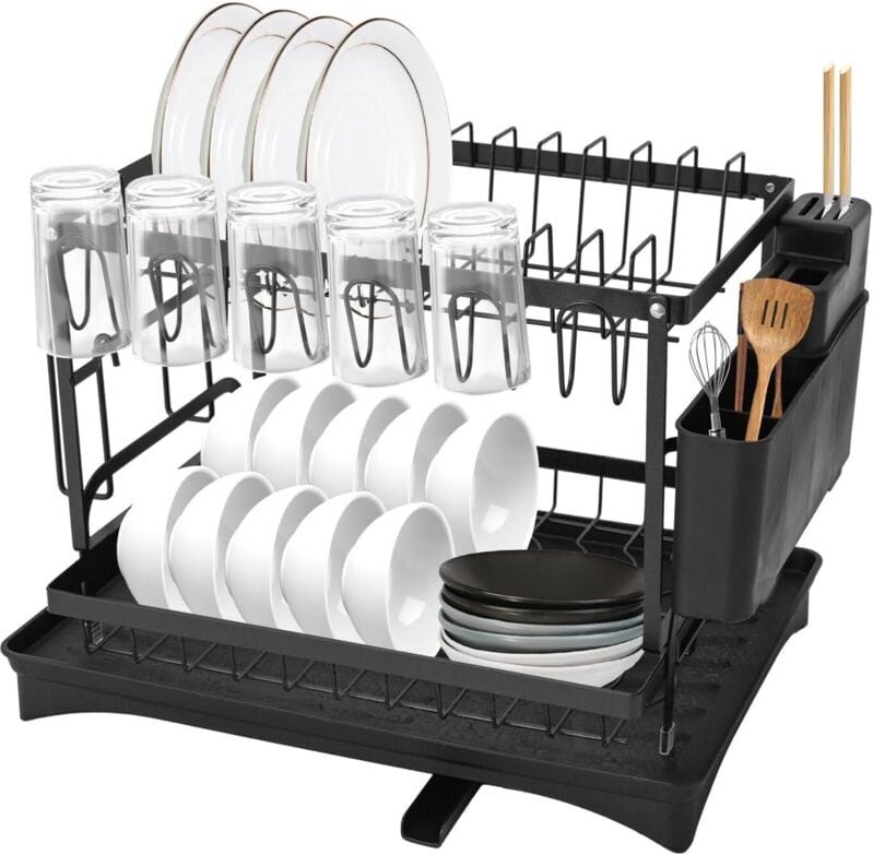 Abtropfschale 2-stufig, Abtropfgestell Geschirr, 2-Stufiges Geschirrabtropfgestell mit abnehmbarem Abtropfbrett, Besteck...
