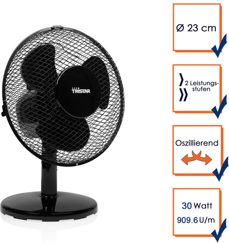 Tischventilator Schwarz Ø 23cm 2-Stufen, 909,6m³/Std. Oszillierend