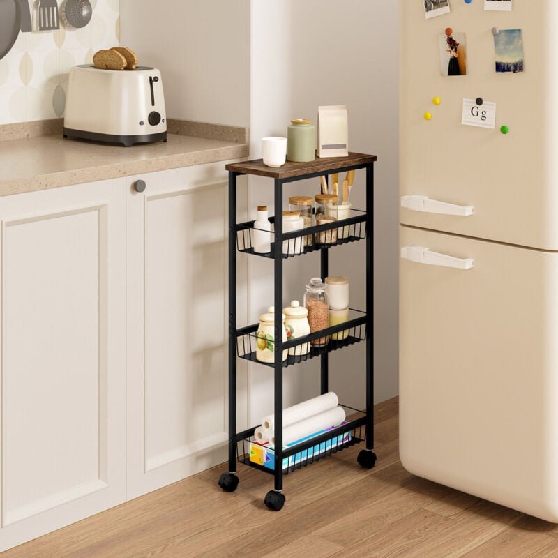 Servierwagen, Rollwagen mit Arbeitsplatte, 3 Metallkörben, Küchenwagen Nischenregal mit Bremsen, Rollregal auf Rollen, f...