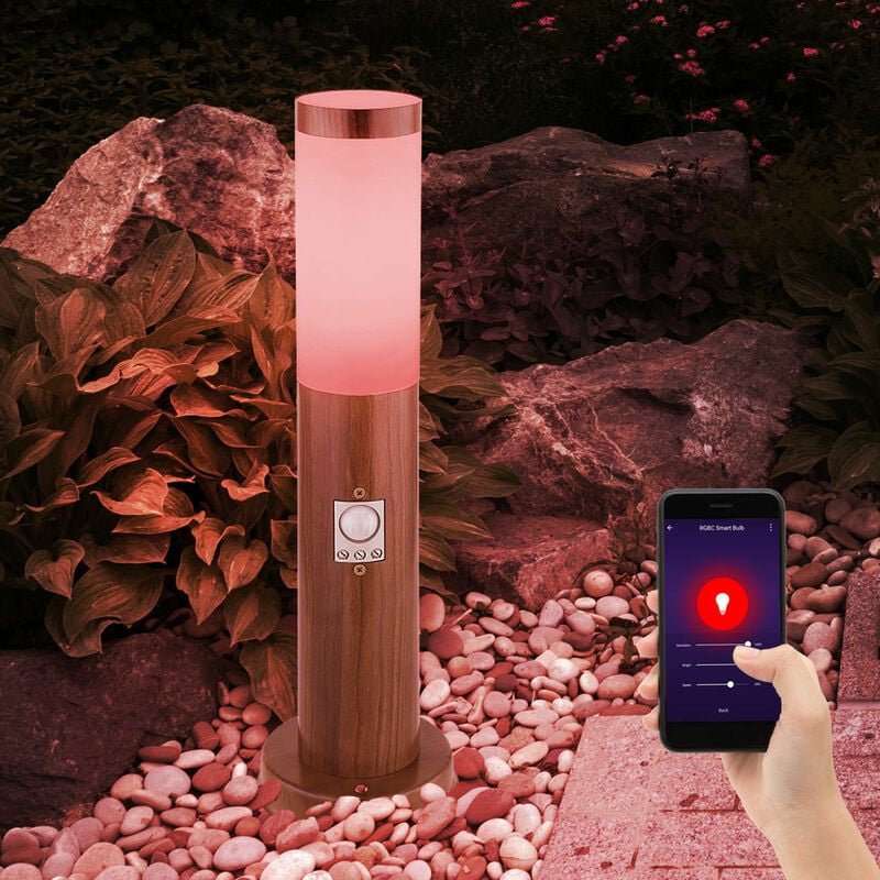 Sockelleuchte mit Bewegungsmelder Holz Optik Außen Standleuchte Pollerleuchte Edelstahl, App Steuerung, Smart RGB LED 10...