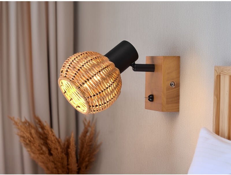 Meinewunschleuchte - Wandstrahler tavar mit Schalter, Holz & Rattan Korbgeflecht, Breite 10,5cm
