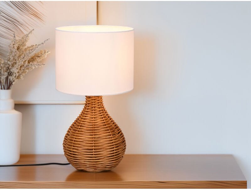 Trio - Tischlampe sprout mit Rattan und Stoffschirm Weiß, Höhe 40cm