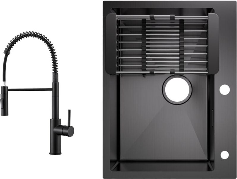 Cecipa Max - Küchenspüle aus Edelstahl 60x45cm Aufsatzwaschbecken Anthrazitschwarz + Feder-Küchenhahn Schwarz Mit 2 Stra...