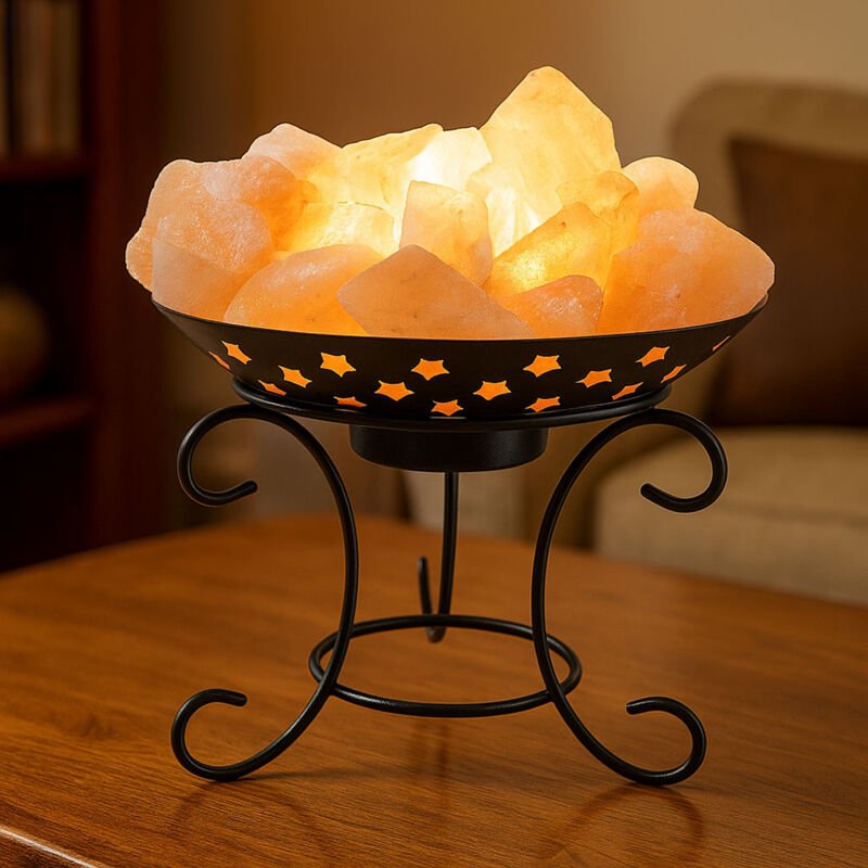 Tischleuchte Salzkristalllampe Beistelllampe Nachttischlampe Schlafzimmerlampe Salzkristall Deko Salzlampe, Metall schwa...