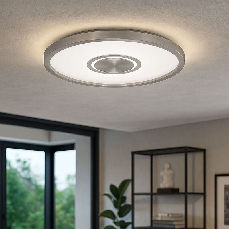 Led Deckenleuchte silber Wohnzimmerlampe rund Deckenlampe mit Hintergrundbeleuchtung, Backlight, 22W 3000Lm warmweiß, Dx...