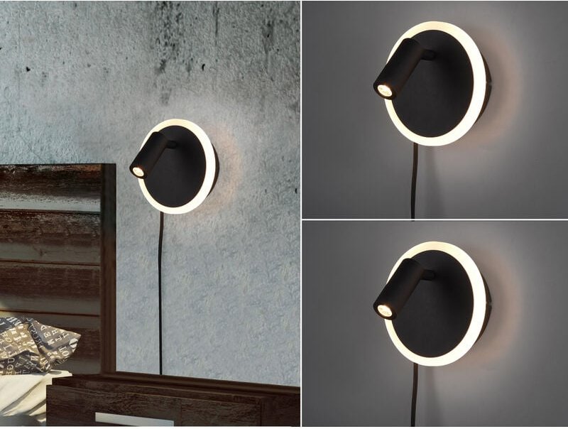 2er set led Wandlampen Schwarz mit Leselampe & Stecker, ø 15cm