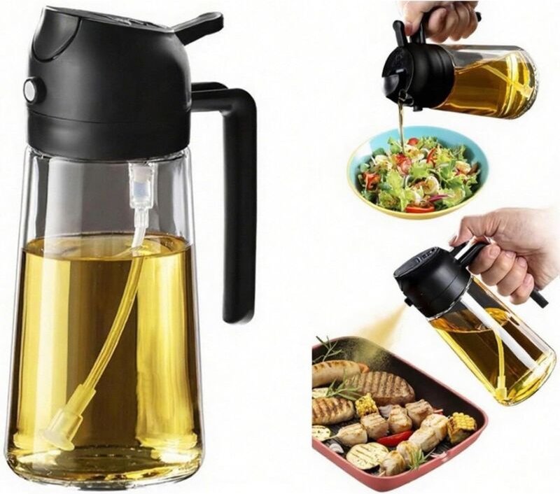 2-in-1-Kochsprüher mit 470-ml-Ölflasche, geeignet für Salate, Heißluftfritteusen und Grills.