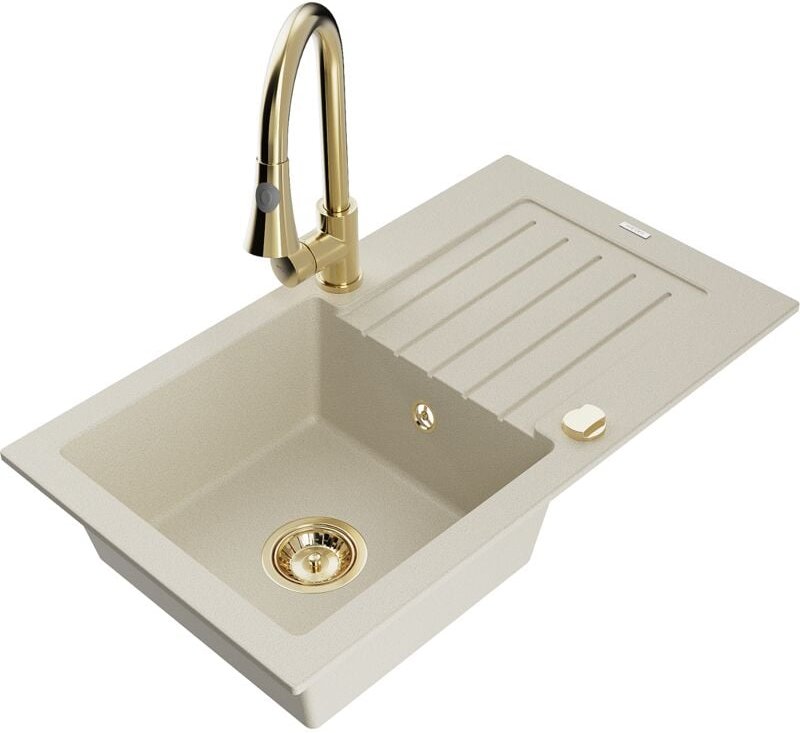 Pablo 1 Becken-Granitspüle mit Abtropffläche und Mischbatterie Elia, Beige - 6510-69-670101-50 - Mexen