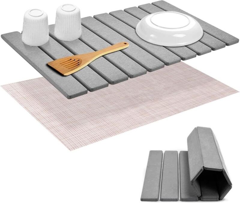 Grau Abtropfmatte Geschirr, 60 x 39 cm Faltbare Spülmatte Abtropfunterlage, Schnell Trocknend rutschfest Kieselgur, Spül...