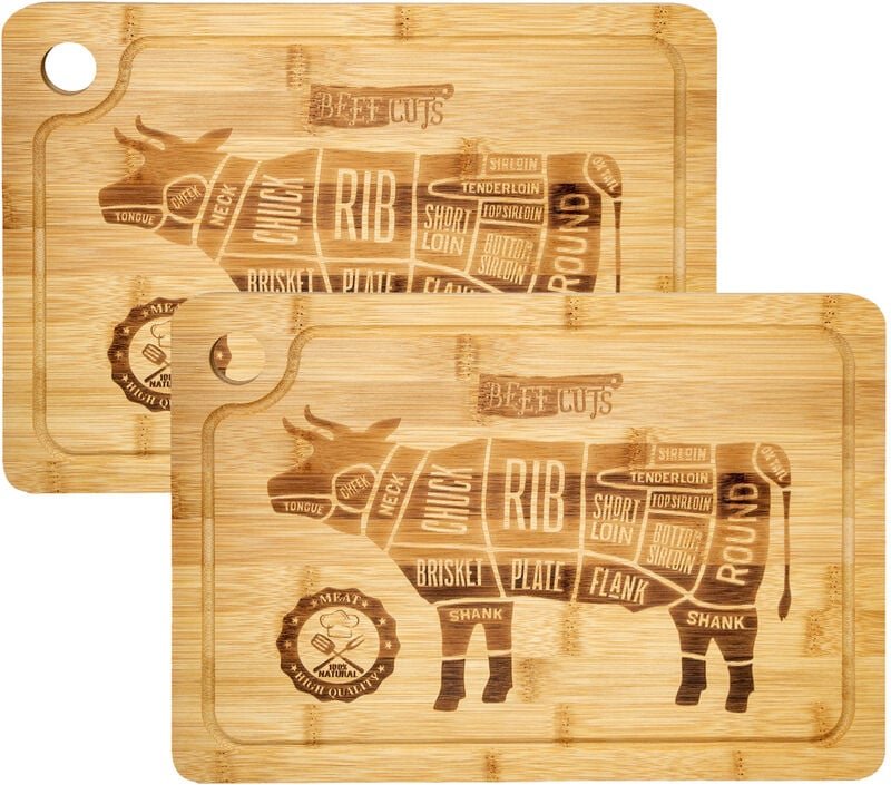 Dunedesign - 2x Massives Schneidebrett mit Saftrille 33x23 - 2cm Bambus Holzbrett - Ruschfest