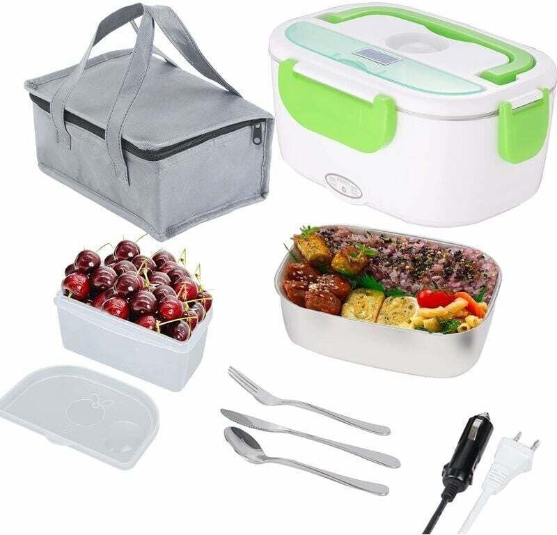 Beheizbare Lunchbox, 40-W-Lunchbox mit Löffel und zwei Fächern, 2-in-1 elektrische beheizbare Lunchbox, Edelstahl-Lunchb...