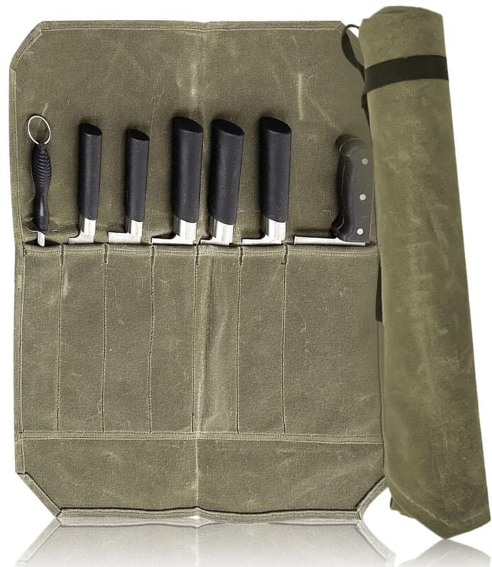 Messertasche aus gewachstem Canvas, rollbare Messertasche, Küchenmesseretui mit 6 Fächern, für Küchenmesser, zum Campen ...