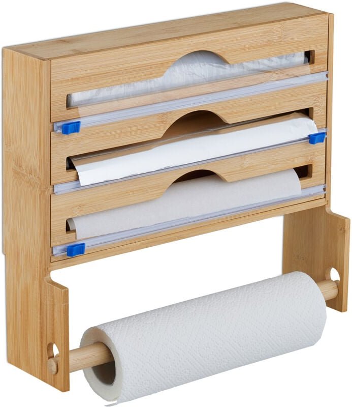 Folienspender mit Küchenrollenhalter, Wandmontage, HxBxT: 31x36x10 cm, Bambus, Folienschneider Küche, natur - Relaxdays