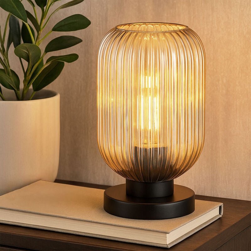 Led Tischleuchte Tischlampe Nachttischleuchte Wohnzimmerlampe amber schwarz Schlafzimmerleuchte, Metall Glas, Kabelschal...
