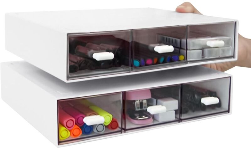 Set aus 2 stapelbaren Schreibtisch-Organizern aus Kunststoff für verschiedene Produkte (3 Schubladen, weiß)