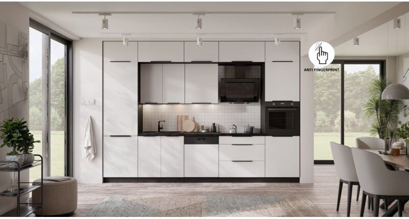 Küche ARIA K-BL - NAGU 340 cm Anti Fingerprint Küchenzeile Küchenblock Singleküche EinbaukücheWEISS - AFM