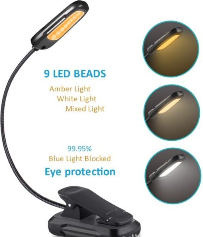 Leselampe mit 9 LEDs, USB-aufladbar, 9 Helligkeitsstufen und 3 Farbtemperaturen, 360° flexibler Hals, ideal für Bett, Bu...
