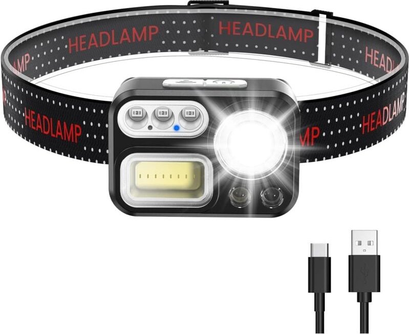 Memkey - Leistungsstarke wiederaufladbare Stirnlampe, 8 Modi, LED-Stirnlampe, 2200 Lux, weißes Licht und Notlicht, 45° v...