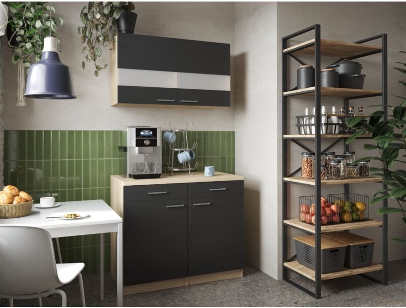 Küchenschrank Hängeschrank 100 cm Eiche Sägerau Schwarz Merle Respekta