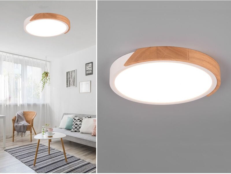 Reality Leuchten - led Deckenleuchte jano rund Weiß mit Holz, 3 Stufen Dimmer, Ø31cm