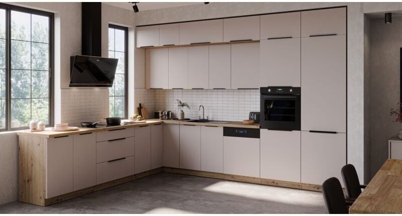 Winkelküche SOLANO 290x350 Küchenzeile Eckküche Küche Kaschmir beige + Eiche Artisan mit XXL Stauraum