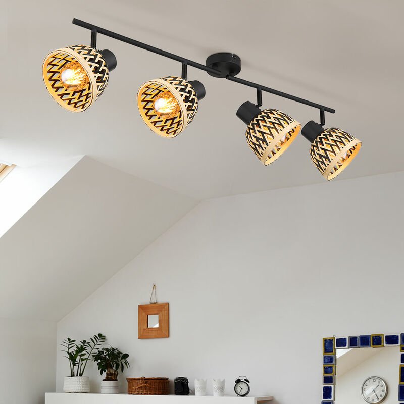 Thumbnail - Deckenlampe Leuchte schwarz Spotleiste Bambus Esszimmerlampe modern Deckenstrahler 4-flammig natur, Deckenleuchte Spots ...