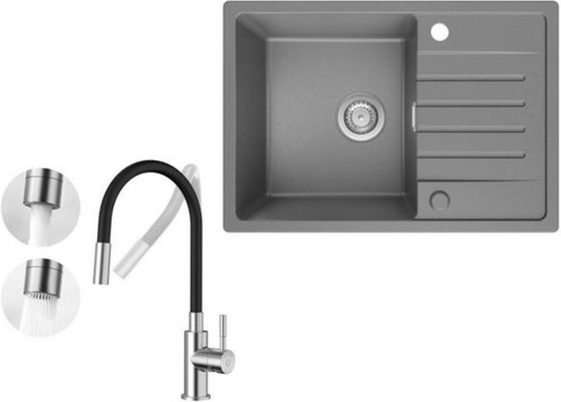 Küchenspüle 65x45cm Granitspüle Grau Mit Abtropffläche + Universeller Küchenarmatur Gebürstete Küche Wasserhahn Hohe 380...