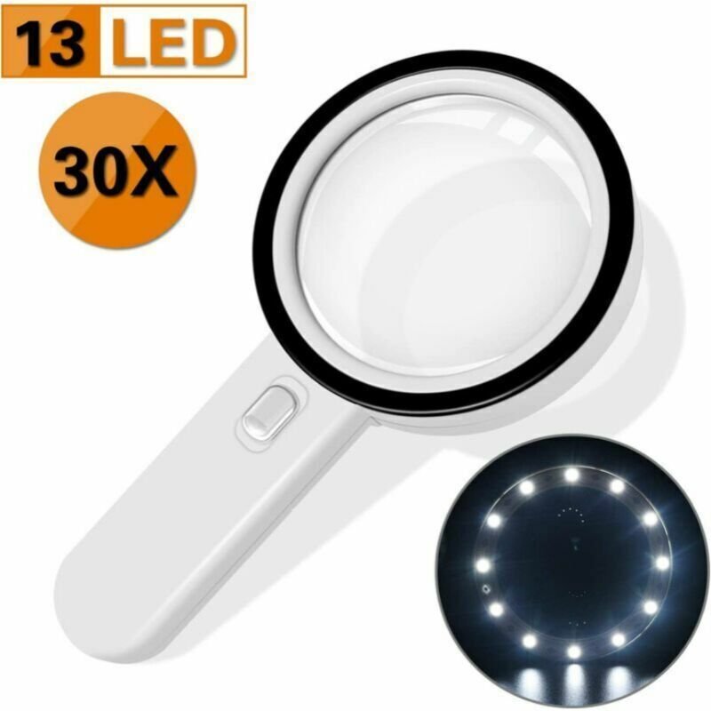 Leselupe, 30-fache Vergrößerung, beleuchtet mit 13 LEDs, 128 mm, zum Lesen, Erkunden und Prüfen